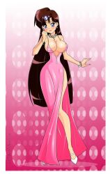 big_breasts bracelet breasts brown_hair dark_vanessa earrings erect_nipples evening_gown hair_ornament high_heels long_hair looking_at_viewer necklace pearl_bracelet pearl_necklace ranma_1/2 ukyo_kuonji