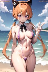 1girls ai_generated alisa_southerncross animal_ears beach female female_only keroro_gunsou lenjoy long_hair purple_eyes sling_bikini slingshot_swimsuit solo standing twintails watermark