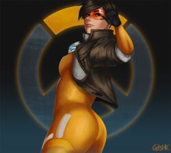 1girls ass black_gloves blizzard_entertainment bodysuit bodysuit_under_clothes bomber_jacket british brown_hair butt european female gits-hk jacket orange-tinted_eyewear overwatch overwatch_2 short_hair tinted_eyewear tomboy tracer visor