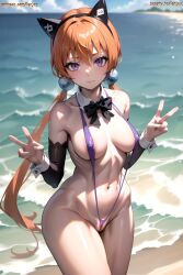 1girls ai_generated alisa_southerncross animal_ears beach female female_only keroro_gunsou lenjoy long_hair purple_eyes sling_bikini slingshot_swimsuit solo standing twintails watermark