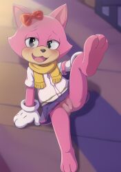 ai_generated anthro cute feet furry gloves leg_up looking_at_viewer on_floor pancake_(toontown) pink_fur pussy red_bow seductive solo toontown_corporate_clash toontown_online toony