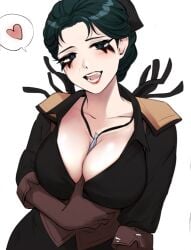 1girls big_breasts breasts cleavage clothed emily_dyer female gloves green_eyes green_hair hat heart identity_v light-skinned_female light_skin looking_at_viewer mascara medium_hair mory_idv necklace open_mouth smile solo