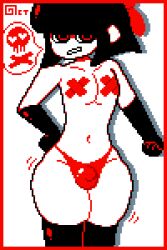 1boy bow bulge elbow_gloves femboy gloves male_only nipple_tape octotron2000 original_character pixel_art red_eyes scythe_(dizzyspells) solo someone_else's_oc stockings tape thick_thighs thigh_expansion thighhighs thong wide_hips