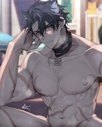 1boy abs asaifrit bara blush collar genshin_impact happy_trail looking_at_viewer male_focus male_only muscles muscular muscular_male musk neck_collar nude posing pubes pubic_hair scars scars_all_over solo_focus steaming_body sweat wriothesley_(genshin_impact)