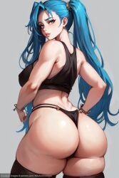 ai_generated alexandhotdogai ass ass_focus bare_shoulders blue_eyes blue_hair chubby female female_only freckles huge_ass huge_breasts league_of_legends looking_at_viewer looking_back mature_female mature_woman milf sona_buvelle stable_diffusion tank_top thick thick_ass thick_thighs thigh_highs thighhighs thong undressed undressing