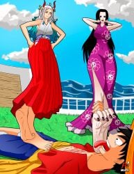 arlioth barefoot boa_hancock denki_anma dominant_female female female_focus foot_domination foot_fetish foot_lick footjob footjob_over_clothes male monkey_d_luffy one_piece purple_toenails standing standing_footjob stepped_on stepping_on_penis submissive_male taller_female taller_girl teamwork trample trampling yamato_(one_piece)