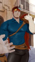 facial_hair fumio(ふみを) heterochromia male male_only muscle muscles muscular muscular_male red_hair ryuugen_drake tight_clothing white_hair