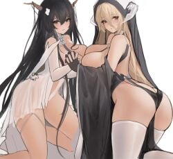 2girls absurdres ass azur_lane black_gloves black_hair blonde_hair breast_press breasts cleavage_cutout clothing_cutout dress female female_only from_side gloves green_eyes hair_between_eyes highres horns huge_breasts implacable_(azur_lane) indomitable_(azur_lane) interlocked_fingers kneeling light-skinned_female light_skin long_hair looking_at_viewer multiple_girls pelvic_curtain red_eyes royal_navy_(azur_lane) see-through simple_background soto_(mmm72563655) symmetrical_docking thighhighs very_long_hair white_background white_dress white_gloves white_horns white_thighhighs yuri