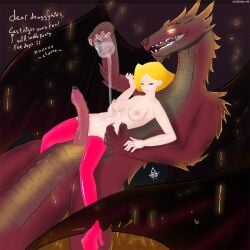 1boy 1girls 2011 2d animal_genitalia blonde_hair clover_(totally_spies) dragon dtenshi imminent_sex interspecies large_penis lube lube_bottle male_dragon straight totally_spies