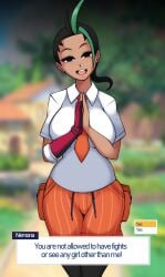 1girls alternate_breast_size black_hair breasts brown_skin dialogue english_text female game_ui hi_res large_breasts long_hair necktie nemona_(pokemon) nintendo pokemon pokemon_sv saltyxodium school_uniform schoolgirl text_box thick_thighs tie wide_hips yandere