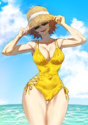 beach big_breasts brown_hair cameltoe canon_genderswap cleavage female female_only genderswap_(mtf) hat hourglass_figure momimimiya ocean one-piece_swimsuit one_piece one_piece:_egghead_arc rule_63 shachi_(one_piece) shiku_shiku_no_mi short_hair smile straw_hat sun_hat sunglasses swimsuit thick_thighs thigh_gap tinted_eyewear tongue_out wide_hips yellow_swimsuit