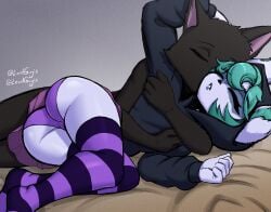 1boy 1boy1girl 2023 ass cameltoe closed_eyes clothed_female_nude_male cuddling cute embrace fluffy_ears green_hair hood_up hoodie hug kissing league_of_legends lordguyis lying no_shoes on_bed on_side panties purple_panties riot_games short_hair skirt spooning striped_legwear tagme thighhighs thighs twitter_username veigar vex_(league_of_legends) watermark yordle