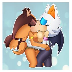 anthro bat bat_wings bottomless breast_press breasts elbow_gloves female female/female kissing lluanhyperzero rouge_the_bat sonic_(series) sticks_the_badger tagme tail yuri