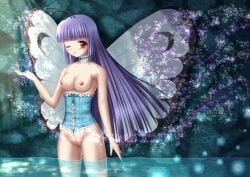 1girls antennae breasts butterfree chisa_yukimura corset female humanoid in_water long_hair looking_at_viewer pokemon purple_hair pussy red_eyes thighs wings wink