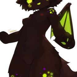 anthro bat brown_body brown_fur brown_skin brown_tuft female fur genitals green_eyes hi_res humanoid kaiju_paradise mammal nipples open_mouth pussy solo tail thatpastelfoxxo wings witchbrew_(kaiju_paradise)