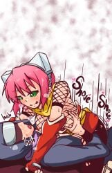 1boy 1girls action_lines blush breasts carrying carrying_partner clothed_sex cowgirl_position falling female huge_breasts huge_thighs hugging izuna_(gouma_reifuden_izuna) kissing legend_of_the_unemployed_ninja making_out male ninja on_back on_top penetration pink_hair pocha sex thighs