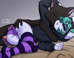 1boy 1boy1girl 1girls 2023 ass ass_grab cameltoe closed_eyes clothed_female_nude_male cuddling cute embrace fluffy_ears green_hair hood_up hoodie hug kissing league_of_legends lordguyis lying no_shoes on_bed on_side panties penis purple_panties riot_games short_hair skirt spooning striped_legwear tagme thighhighs thighs twitter_username veigar vex_(league_of_legends) watermark yordle