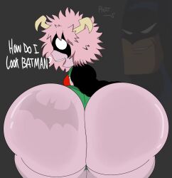 1boy 1girls 2023 asian asian_female ass ass_bigger_than_head ass_focus batman batman:_the_animated_series batman_(bruce_wayne) batman_(series) bottom_heavy bruce_wayne cape crossover dc dc_comics dcau dialogue eastern_and_western_character english_text fat_ass female female_focus horns huge_ass huge_butt large_ass large_butt male mask mina_ashido my_hero_academia open_mouth pink_body pink_hair pink_skin standing superhero superheroine text theslashfive thick_thighs thighs