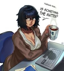 at_work big_breasts black_hair breasts business_casual cleavage coffee coffee_mug computer eigaka files glasses japanese judge_eyes lawyer messy_hair saori_shirosaki sitting text yakuza