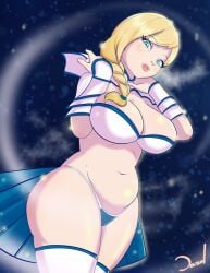 1girls aurora_(zero_one) big_breasts bikini_armor blonde_hair blue_eyes braid braided_hair breasts chubby dazol feet female female_only huge_breasts humanoid light-skinned_female light_skin mage mostly_clothed nipples original_character snow solo tagme thick_thighs unconvincing_armor wide_hips winter