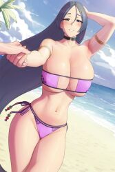 1girls bad_source bare_shoulders bikini blush breasts cleavage eyepatch_bikini fate/grand_order fate_(series) highres huge_breasts large_breasts long_hair lvl_(sentrythe2310) minamoto_no_raikou_(fate) minamoto_no_raikou_(fate/grand_order) minamoto_no_raikou_(swimsuit_lancer)_(fate) outdoors parted_bangs pink_bikini purple_hair smile solo_focus swimsuit very_long_hair