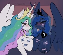 2girls alicorn anthro big_breasts blush bodily_fluids breast_squish breasts breasts_frottage cumcadaver duo equid equine eyeshadow female female/female friendship_is_magic hasbro hi_res horn horse incest kiss_mark kissing lipstick makeup mammal my_little_pony nipples pony princess_celestia_(mlp) princess_luna_(mlp) saliva saliva_string squish tongue tongue_out wings yuri