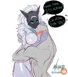 1boy 1boy1girl 1girls anon anthro anthro_female big_breasts blush blushing breasts caprine comforting cuddling dominant_female embrace face_in_breasts faceless_male female female_anthro female_focus female_furry fur furry furry_female furry_only grey_fur grey_hair hugging human human_male interspecies kindred lamb_(league_of_legends) league_of_legends light-skinned_female male male/female male_human/female_anthro mammal mammal_humanoid mask masked masked_female no_nipples nude nude_female nude_male passionate riot_games sheep shinda292 smaller_male speech_bubble standing taller_female thick white_fur white_hair wholesome