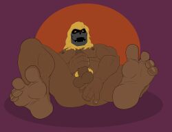 4_fingers 4_toes anal_fingering anthro backsack balls biceps big_feet blonde_hair chest_hair feet fingering_self foot_focus foreskin hairy_ass hairy_balls hairy_legs hairy_taint male_anus male_only male_penetrating mane masturbation mok muscular muscular_male nipples ookla_the_mok_(thundarr) pecs penis pubes simple_background soles spiffygreen taint thundarr_the_barbarian yellow_eyes