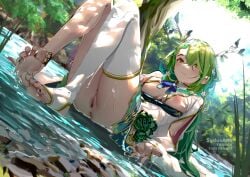 anklet antlers anus barefoot blue_ribbon blush braid braided_bangs breasts censored ceres_fauna ceres_fauna_(1st_costume) day dress feet female flower green_hair green_nails hair_flower hair_ornament hololive hololive_english hololive_english_-council- hololive_english_-promise- jewelry large_breasts legs long_hair looking_at_viewer mole mole_under_eye mosaic_censoring multicolored_hair nail_polish nipples no_panties no_shoes off-shoulder_dress off_shoulder outdoors pussy ribbon single_thighhigh sitting soles solo stirrup_legwear streaked_hair sydus thighhighs toeless_legwear toenail_polish toenails toes virtual_youtuber water wet white_thighhighs yellow_eyes