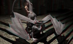 3d 3d_(artwork) anaglyph clothing digital_media_(artwork) dragon duo female feral genitals hi_res human male male_on_feral mammal membrane_(anatomy) nude penetration penis stereogram wings wooky