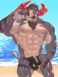 abs anthro beach body_hair bovid bovine bulge cattle chest_hair clothing detailed_bulge genital_outline horn lifewonders live_a_hero male male_only mammal muscular muscular_anthro muscular_male nipples obsidius pecs penis_outline salz_sop sand seaside solo speedo swimwear