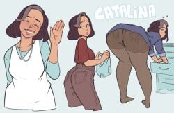 1girls ass bending_over big_ass body_writing brown_hair butt catalina_(not_enough_milk) clothed_female dark_hair dat_ass female looking_at_viewer mature_female milf not_enough_milk_(artist) solo_female stockings writing_on_ass