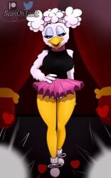 2023 2d 2d_(artwork) anthro avian beanontoast big_breasts bird bird_girl chicken chicken_girl chuck_e_cheese_(franchise) clothed clothing curtains curvy curvy_female curvy_figure digital_art digital_drawing_(artwork) digital_media_(artwork) dress furry furry_female galliform gallus_(genus) helen_henny mascot phasianid pigtails shoes short_skirt slender_body slender_waist sneakers thick_thighs white_feathers white_hair