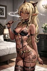 2:3 2:3_ratio absurd_res absurdres ai_generated bangles bed bedroom bimbo black_thighhighs blonde_hair blonde_hair_female cat_ears dark_skin dirty_blonde_hair elf elf_ears elf_female elf_girl eyebrows_visible_through_hair fishnet_stockings fishnets gal gyaru gyaru_elf gyaru_gal hd hi_res high_resolution highres hip_dips hylian_r34 jewelry long_hair looking_at_viewer orange_eyes ornate ornate_clothing ornate_jewelry petite prostitute prostitution skindentation small_breasts smoking tagme tattoo tattoo_on_thigh tattooed tattooed_legs tattooed_thigh tattoos thighhighs thin_waist unstable_diffusion