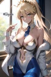 ai_generated artoria_pendragon artoria_pendragon_(swimsuit_ruler) blonde_female blonde_hair blonde_hair breasts fate/grand_order fate_(series) green_eyes hair_ornament highres idgaroo large_breasts long_hair looking_at_viewer pantyhose stable_diffusion window