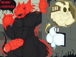 abs absurd_res anthro ass balls big_balls big_butt big_penis bodily_fluids cum duo erection genital_fluids genitals hi_res humanoid_genitalia humanoid_penis interspecies lizard_(rain_world) male male/male muscular muscular_anthro muscular_male nude nude_anthro penis presenting presenting_hindquarters rain_world rear_view red_body scar size_difference slugcat smile speech_bubble spiced_icy spiked_tail spikes spikes_(anatomy) stuck sweat sweatdrop tail teeth text through_wall videocult white_body