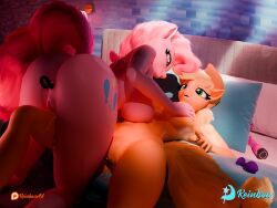 3d_(artwork) anal anal_sex anthro applejack_(mlp) bed black_eyeliner blonde_hair blue_eyes bodily_fluids breasts buttplug buttplug_in_ass buttplug_insertion clothing cutie_mark digital_media_(artwork) dildo duo earth_pony equid equine eyeliner female female/female friendship_is_magic furniture genital_fluids genitals green_eyes hair hand_on_breast hasbro hat hat_only headgear headgear_only headwear headwear_only hi_res horse lying makeup male mammal mostly_nude my_little_pony nude object_in_ass on_back on_bed orange_body penetration pink_body pink_hair pink_tail pinkie_pie_(mlp) plug_(sex_toy) plug_insertion pony pussy reinbou sex_toy sex_toy_in_ass sex_toy_insertion tail vaginal_fluids vibrator yellow_tail
