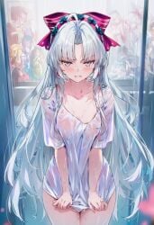 ai_generated angry_expression angry_face bottomless carlotta_(wuthering_waves) raaicave raining shirt_only translucent_clothing white_hair wuthering_waves