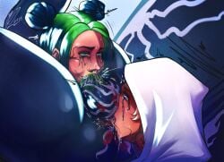 1boy 2girls balls billie_eilish black_hair blonde_hair blue_eyes celebrity fellatio female ffm_threesome green_hair gwen_stacy internal male marvel oral oral_sex real_person rimming rimming_male runny_makeup runny_mascara spider-gwen spider-man_(series) sweat symbiote tears threesome tongue tongue_out two_tone_hair vante_light venom_(marvel)