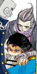 blowjob clothed clothing crying danganronpa danganronpa_2:_goodbye_despair gay gay_blowjob gay_domination gay_threesome gundham_tanaka holding_mouth_open kazuichi_souda male male/male male_focus male_only mechamaru mouth_held_open mouth_hold nidai_nekomaru open_mouth penis penis_in_mouth robot robot_on_human robot_penis sucking sucking_penis threesome yaoi