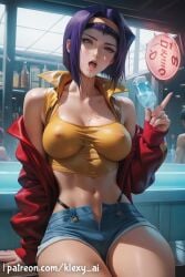 1girls ai_generated artist_name bottle breasts covered_nipples cowboy_bebop crop_top cup faye_valentine female hairband highleg jacket klexyai large_breasts looking_at_viewer midriff navel open_clothes open_mouth panties patreon purple_hair saliva short_hair short_shorts shorts sitting solo underwear web_address yellow_hairband
