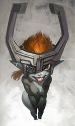 breasts cleavage cum cum_on_tongue facial female helmet imp_midna midna neon_trim nintendo orange_hair pointy_ears solo standing the_legend_of_zelda tongue tongue_out triuni twilight_princess two_tone_skin