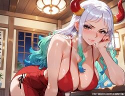 1female 1girls ai_generated bending_forward bending_over bent_over big_breasts big_breasts black_eyeshadow breasts breasts brown_eyes cleavage female green_hair horns huge_boobs huge_breasts kaistar large_boobs large_breasts light-skinned_female looking_at_viewer multicolored_hair one_piece patreon red_fingernails red_nails solo solo_female solo_focus white_hair white_skin yamato_(one_piece)