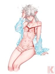 alisaie_leveilleur blue_clothing blue_eyes breasts collarbone color elezen elf elf_ears elf_female female final_fantasy final_fantasy_xiv hair_undone holding_head kyder lingerie lingerie_only lips long_hair loose_hair negligee nightgown nightie red_clothing robe sitting sleepy small_breasts solo strap_slip translucent_clothing waking_up white_background white_hair
