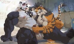 2025 abs absurd_res alley anthro ashael_toramono ashendawger bander bear beard biceps black_body black_fur black_hair black_pawpads blue_eyes blush bodily_fluids breath chest_tuft claws crouching cum cum_on_chest cum_on_tongue cumshot duo ejaculation eye_scar facial_hair facial_scar felid finger_claws forearm_muscles fur genital_fluids giant_panda hair handjob hi_res male male/male mammal multicolored_body multicolored_fur musclegut muscular muscular_anthro muscular_male muscular_thighs navel nipple_fetish nipple_piercing nipple_play nipple_ring nipple_suck nipples open_mouth orange_body orange_fur pantherine pawpads pecs penile piercing ring_piercing saliva saliva_bubble scar sex sitting sitting_on_ground striped_body striped_fur stripes sucking tiger toe_claws tongue tongue_out two_tone_body two_tone_fur vein veiny_muscles wall_(structure) whiskers white_body white_fur
