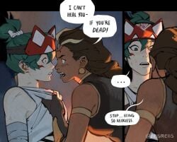 ... 2girls arguing bare_shoulders commentary dark-skinned_female dark_skin earrings english_commentary english_text fox_mask green_hair high_ponytail illari_(overwatch) implied_yuri jewelry kiriko_(overwatch) long_hair looking_at_another mask multiple_girls open_mouth overwatch overwatch_2 peruvian_female ponytail speech_bubble twitter_username velinxi velsmells yuri