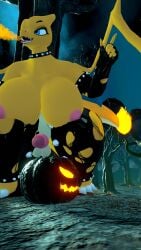 1futa 3d anthro balls big_breasts black_eyeshadow breasts charizard collar dragon fire furry futanari goth intersex legwear nipples open_mouth penis pokemon pokemon_(species) pumpkin scalie sloppydragons spiked_collar tagme testicles torn_clothes torn_legwear vrchat wings
