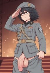 2025 ai_generated army_uniform big_penis bigtub7775 black_hair death_note femboy l_lawliet male male_only tagme