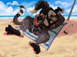 anthro ass ball_tuft balls beach big_balls big_penis biped black_body black_fur blush bodily_fluids canid canine canis cellphone cum cum_in_mouth cum_inside cum_on_tongue digital_media_(artwork) duo electronics erection eyewear felid feline felis fellatio feng_lion fingers fluffy fluffy_tail fur fur_tuft genital_fluids genitals glasses hair hand_on_penis hi_res huge_balls huge_cock iagu_viron jaguar lazaxus leopard_spots looking_pleasured lying lying_on_ground male male/male mammal markings muscular musk musk_clouds nude nude_anthro nude_male on_back on_ground open_mouth oral outside pantherine pawpads paws penile penile_spines penis phone raised_leg sand sea seaside sex sex_on_the_beach size_difference sky smartphone spots sunglasses tail tattoo tongue tongue_out tuft water white_body white_fur wolf