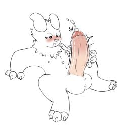 3_fingers 3_toes anthro balls big_balls big_penis blush claws cum_spurt curved_horn feet fingers genitals hi_res horn huge_balls huge_cock hyper hyper_balls hyper_genitalia hyper_penis implied_growth looking_at_genitalia looking_at_penis male memberofdragon minimal_color navel neck_tuft nipples onomatopoeia open_mouth penis reaching simple_background solo sound_effects text toes tuft unknown_species white_background